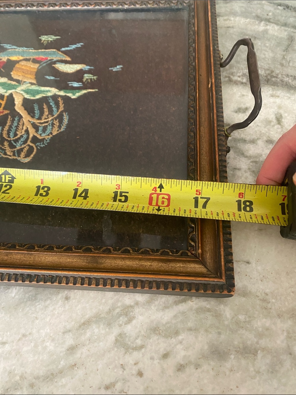 Vintage Embroidered Asian crewel Serving Tray wall art. - Picture 4 of 6